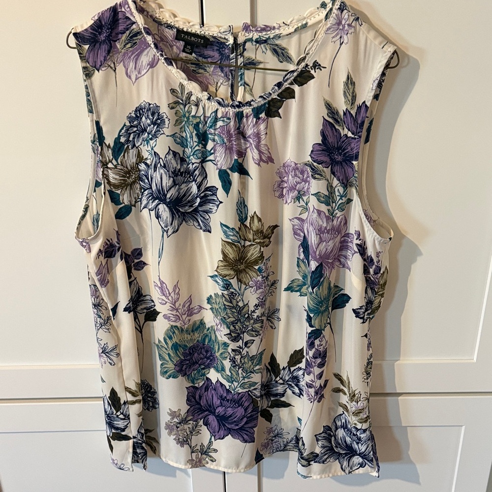 Talbots Cream Floral Sleeveless Top with Purple & Teal Blooms